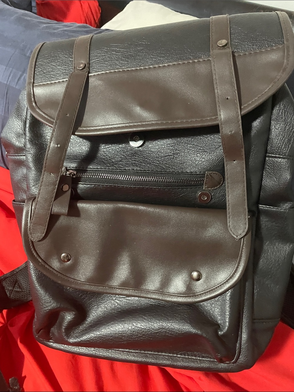 Men's Dark Brown Faux Leather Backpack with Front Pocket